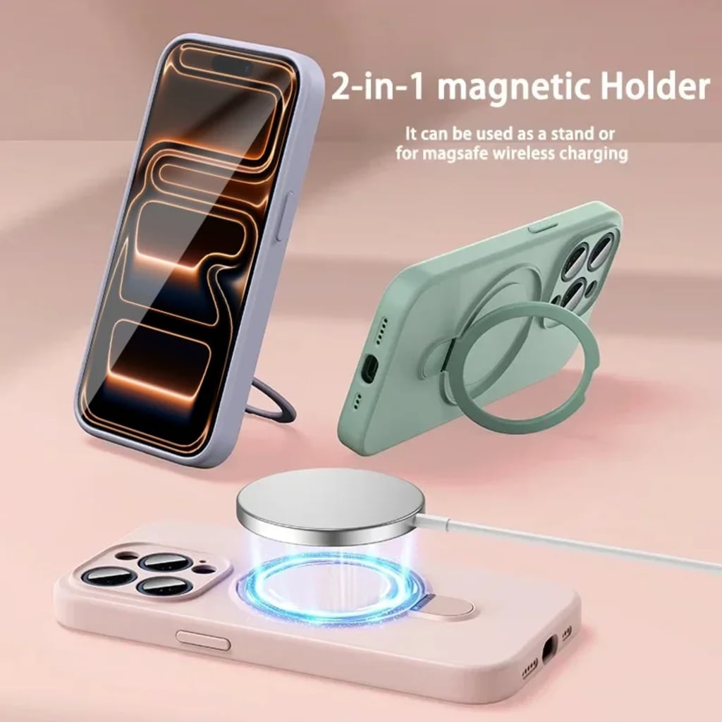 Magnetic Silicone Phone Case For iPhone 17 16 15 14 13 11 12 Pro Max Air Kickstand Ring Holder Cover For iPhone 14 15 16 Plus